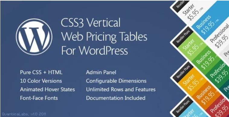 CSS3 Vertical Web Pricing Tables For WordPress – 纯CSS3定价表单插件 – v1.8