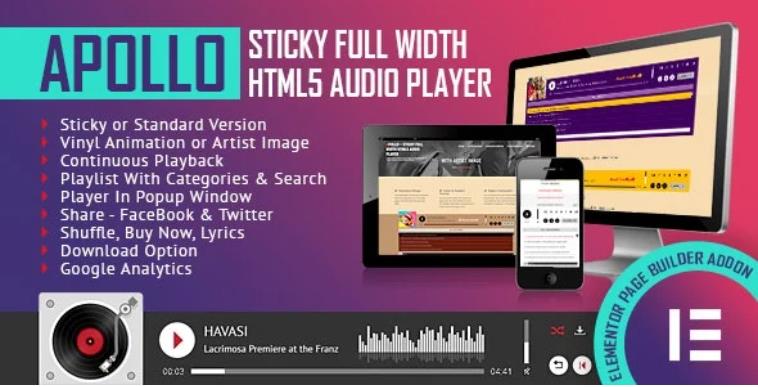 Apollo – 悬浮全宽HTML5音频播放器Elementor插件